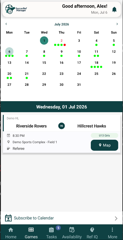 The SoccerRefManager referee mobile app
