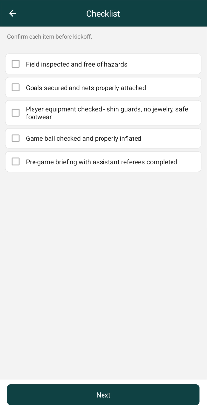Pre-game checklist in the electronic game sheet