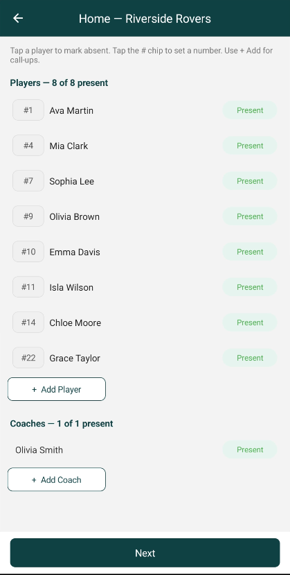 Team roster with attendance in the electronic game sheet